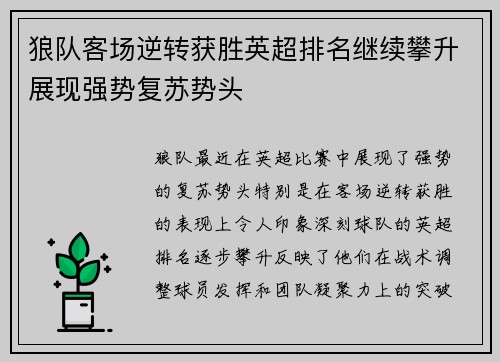狼队客场逆转获胜英超排名继续攀升展现强势复苏势头